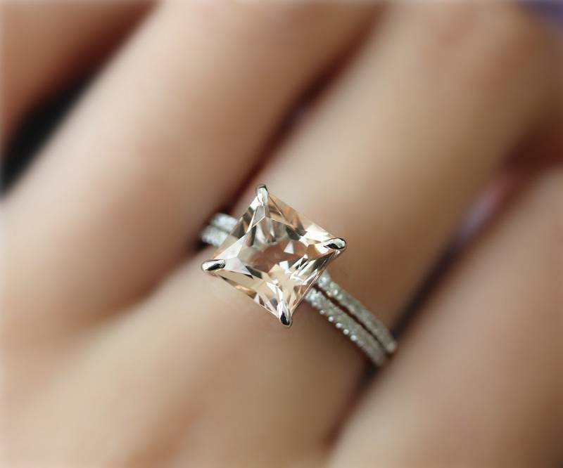 8mm Princess-Schliff Morganit Natürliche Vs Rosa Ring Set, Massiv 14K White Gold Verlobungsring Set Hochzeit Ringset Bridal Festgelegt, Geschenke von NidaRings