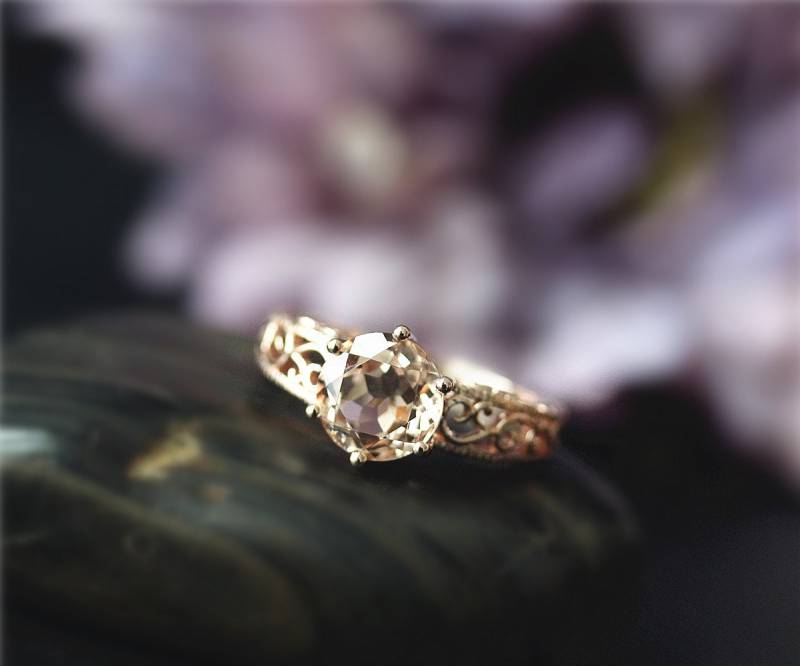 8mm Runde Natürliche Vs Rosa Morganit Ring Massiv 14K Rose Gold Trauring Ehering Versprechen Verlobungsring von NidaRings