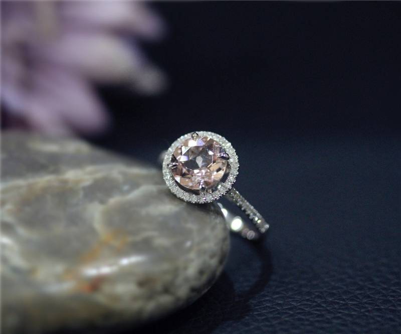 8mm Runde Natürliche Vs Rosa Morganit Ring Massiv 14K Weißgold Ehering Trauring Verlobungsring von NidaRings
