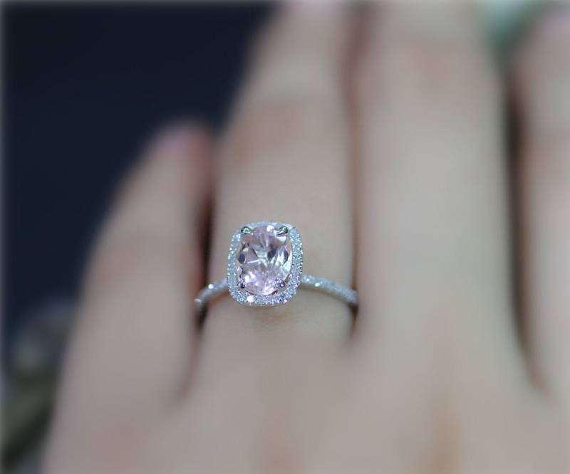 Accent 6x8mm Oval Geschnitten Natürliche Rosa Morganit Ring Solid 14K Weissgold Diamanten Ehering Promise Jahrestag von NidaRings