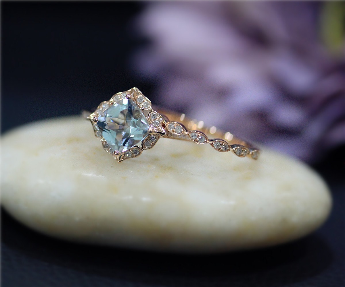 Aquamarin Und Diamanten Ring Set 7mm Vs Solide 14 K Rose Gold Hochzeit Versprechen Satz von NidaRings
