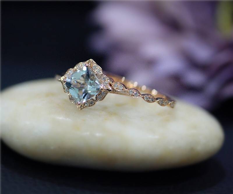 Aquamarin Und Diamanten Ring Set 7mm Vs Solide 14 K Rose Gold Hochzeit Versprechen Satz von NidaRings