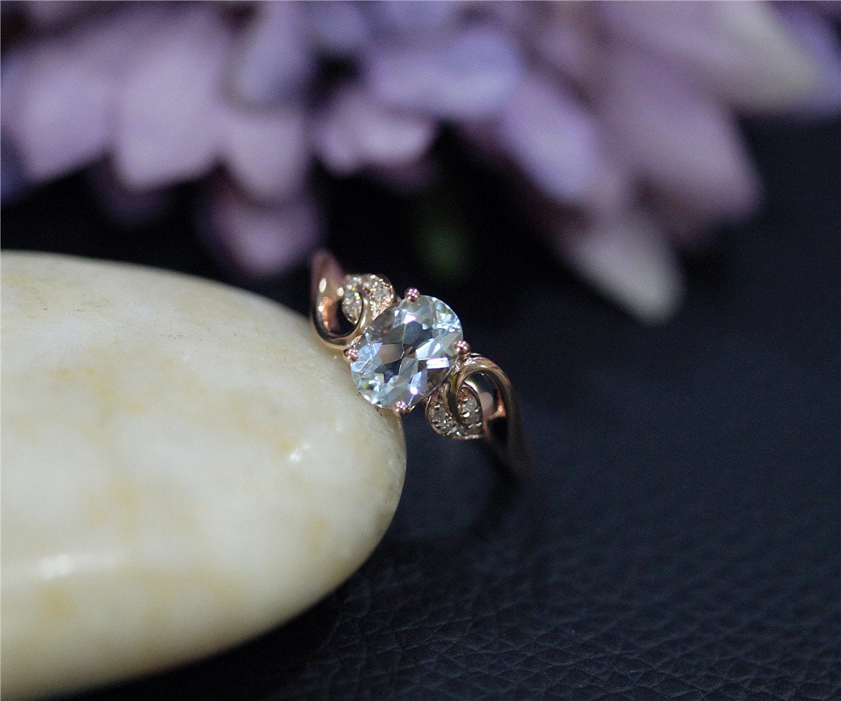 Art-Deco-Verlobungsring Blätter Geformten Ring Natürliche Vs Aquamarin-Ring Fest 14K Rose Gold Ehering Promise Jahrestag von NidaRings