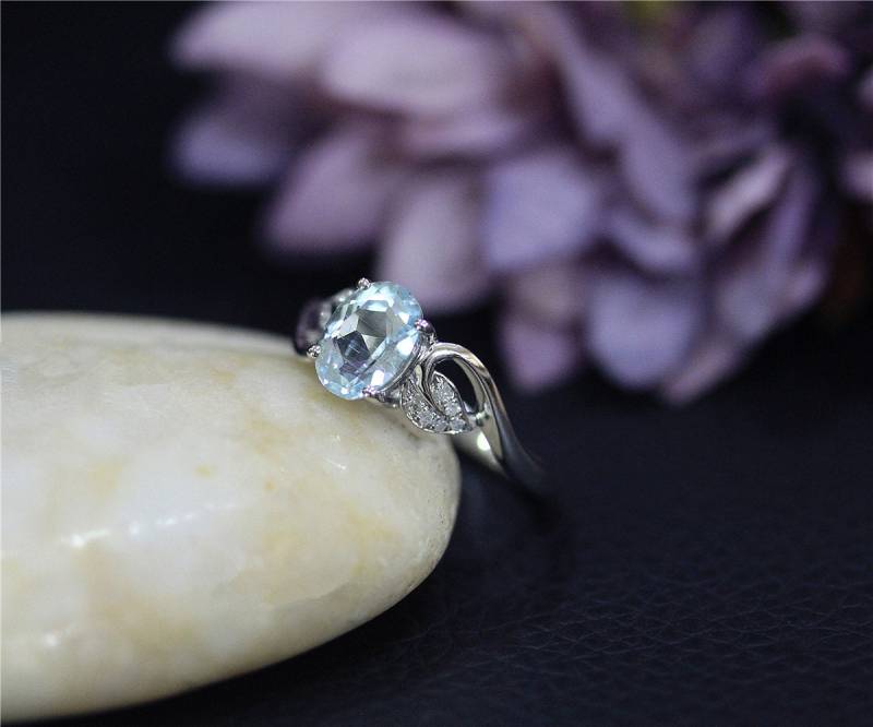 Art-Deco-Verlobungsring Blätter Geformten Ring Natürliche Vs Aquamarin-Ring Fest 14K Weissgold Ehering Versprechen Jahrestag von NidaRings