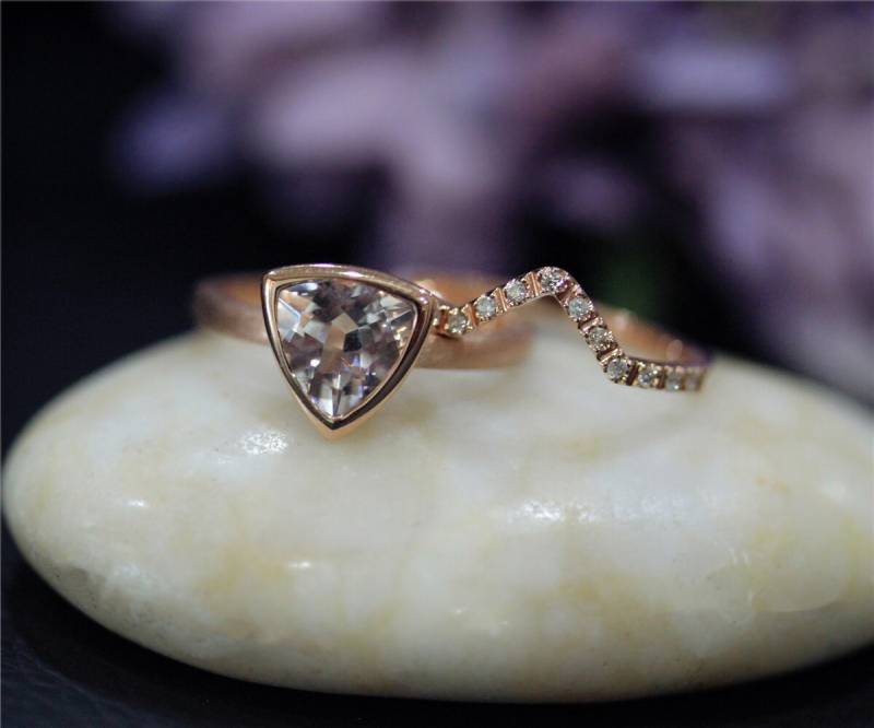 Billionen Morganit 2 Stück Natürliche Morganit Ring Set Engegement Set Solid 14K Rose Gold Ehering Vorschlagen von NidaRings