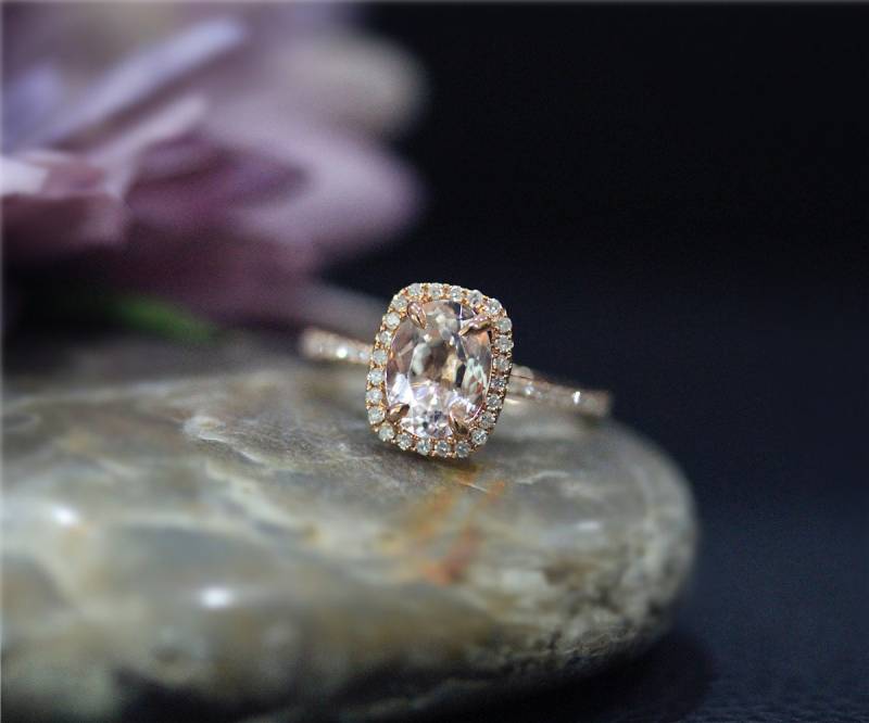Diamanten Akzent 6x8mm Oval Geschnittenen Natürliche Rosa Morganit Ring Massiv 14K Rose Gold Ehering Versprechen Jubiläum von NidaRings