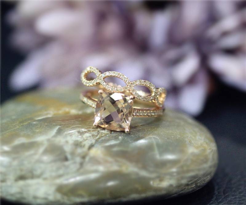 Diamanten Und Kissen Vs Morganit Ring Set Handgefertigte Hochzeits-Ring Solid 14K Rose Gold Ehering Gesetzt Verlobungsring von NidaRings
