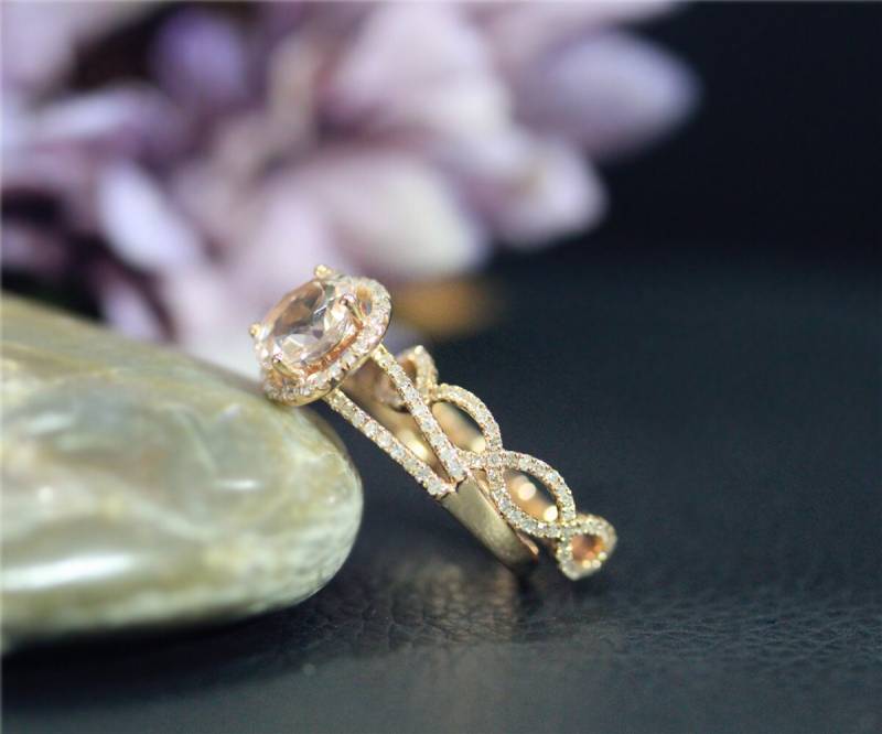 Diamanten Und Runde Vs Morganit Ring Set Handgefertigte Hochzeits-Ring Solid 14K Rose Gold Ehering Promise Verlobungsring von NidaRings