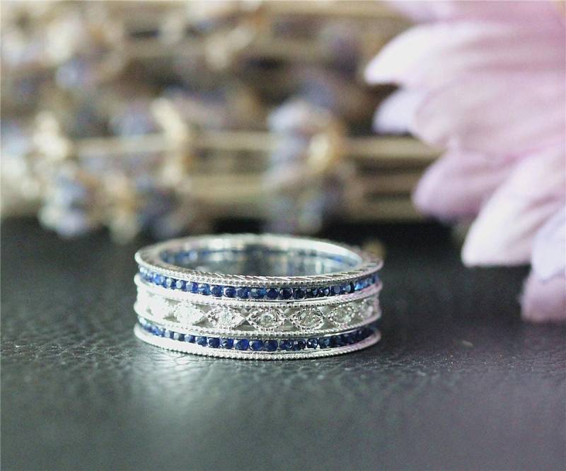 Echter Diamant & Blauen Saphir Ehering Voller Ewigkeit Verlobungsring Festen 14Kt Weißgold Ring Jubiläum Solid Gold von NidaRings