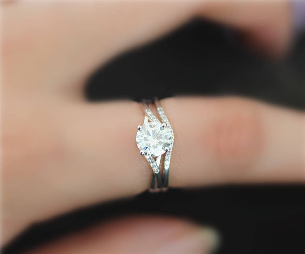 Ein | G-H-I 6, 5 Mm Set Für Immer Charles & Colvard Rund Moissanite Ring Set, Diamant Massiv 14 K Weißgold Ring, Verlobungsring, Braut von NidaRings