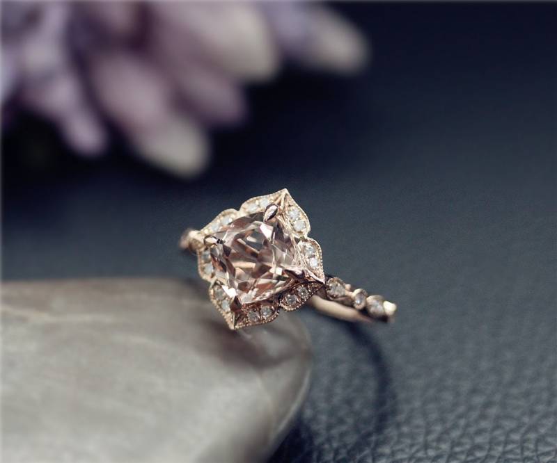 Einzigartige, Verlobungsring. 8mm Kissenschliff Natürliche Vs Morganit Ring, Solide 14 K Rose Gold Diamanten Ehering von NidaRings