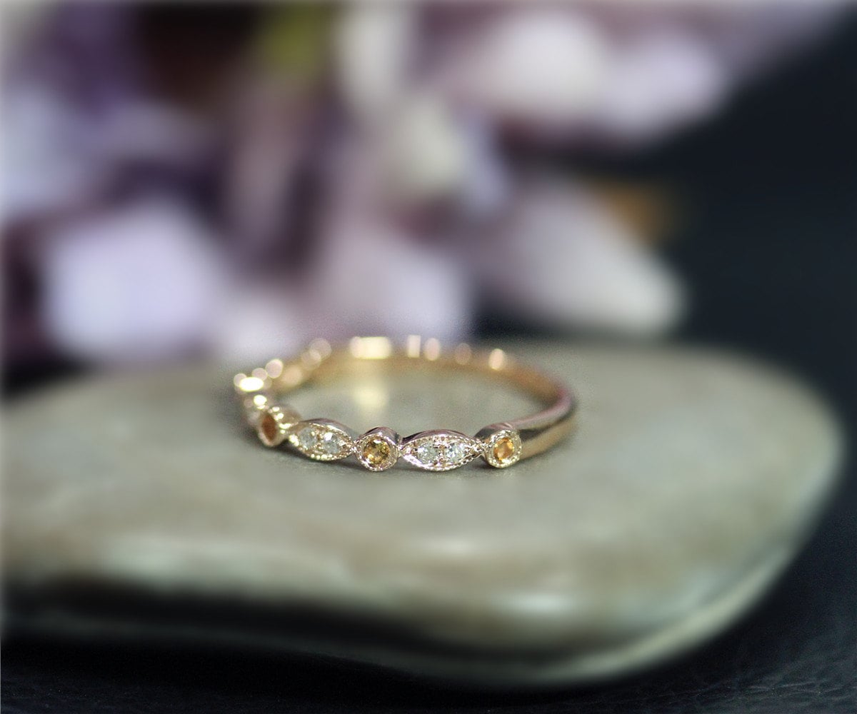 Geburtsstein Für November Natürliche Citrin Und Diamant Ring Ehering Hälfte Massiv 14K Rose Gold Verlobungsring Jubiläum Memoirering von NidaRings
