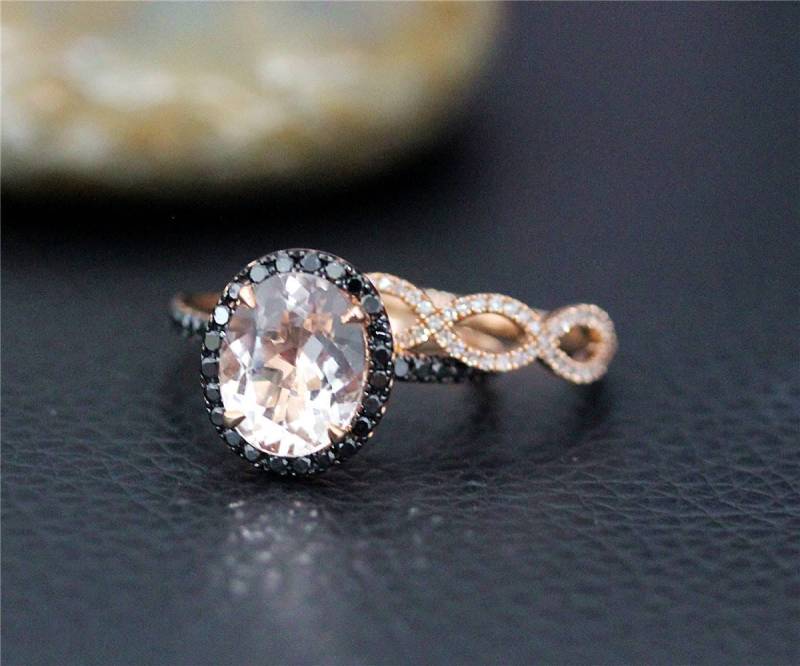 Große Juwel 8x10mm Oval Morganit Verlobungsring Set Natürliche Vs Ring Black Diamond Massiv 14K Rose Gold Hochzeit von NidaRings