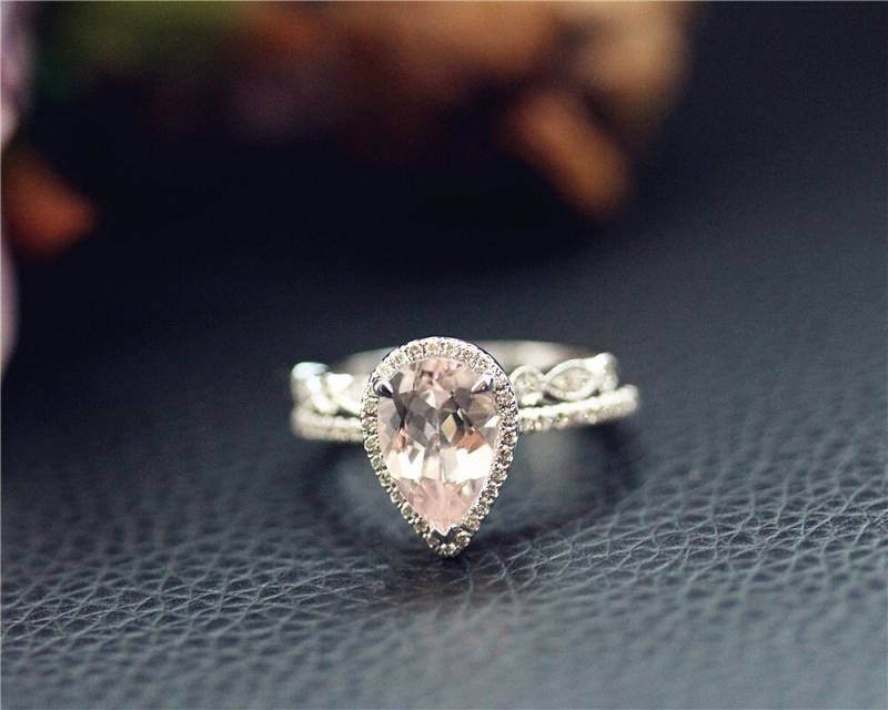 Handgemachte Morganit Birne 10x7mm Halo Diamant Ring Set Verlobungsring Set Massiv 14K Weißgold Ring-Set Hochzeit von NidaRings