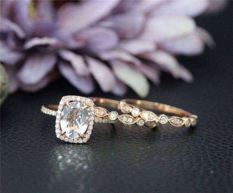 Handgemachte Morganit Ringset Verlobungsring Set 7x9mm Natürliche Vs Rosa Ring Massiv 14 K Rose Gold Ehering Promise von NidaRings