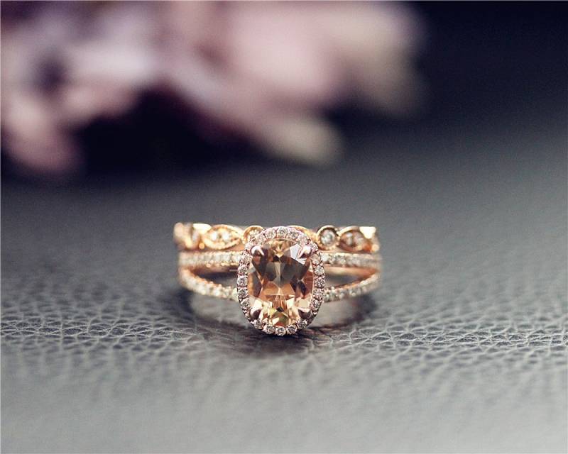 Hochzeits-Set Handgemachte Verlobungsring Set, 6x8mm Oval Natürliche Vs Rosa Morganit Ring Solide 14 K Rose Gold Einzigartiges Geschenk von NidaRings