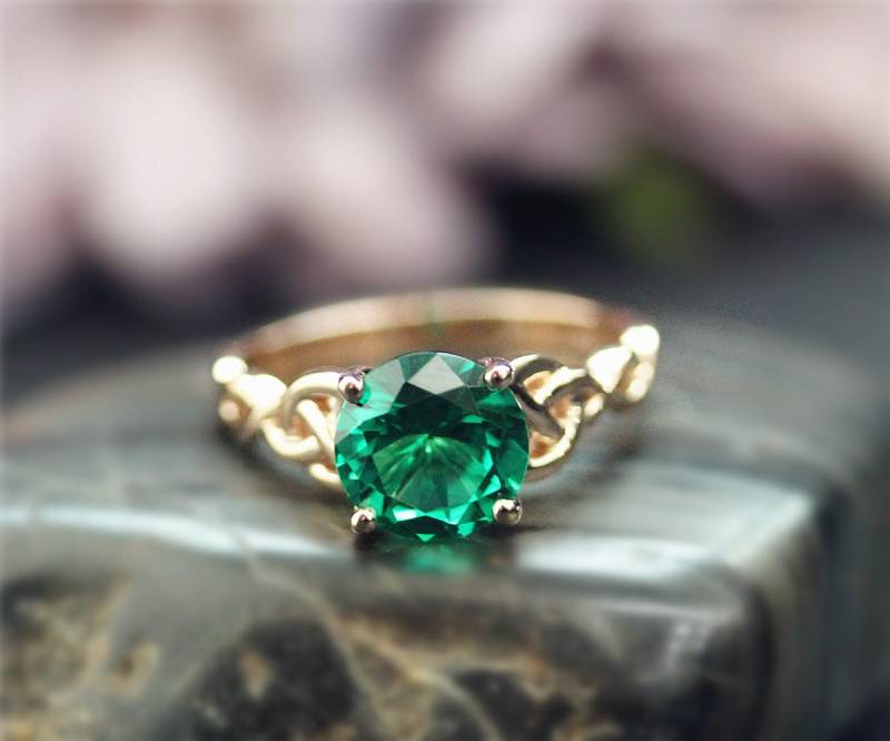 Kann Geburtstagsgeschenk 8mm Runde Behandelten Smaragd Ring Massiv 14K Rose Gold Verlobungsring Ehering Valentinstag-Überraschung von NidaRings