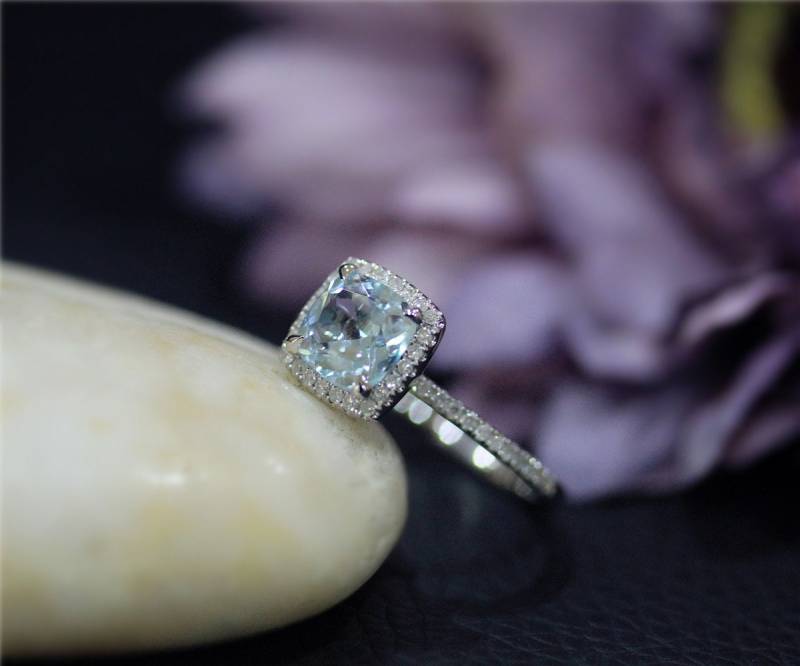 Kissen 6mm Natürlichen Blauer Aquamarin-Ring Fest 14K Weissgold Ring Diamanten Ehering Promise Jahrestag Verlobungsring von NidaRings