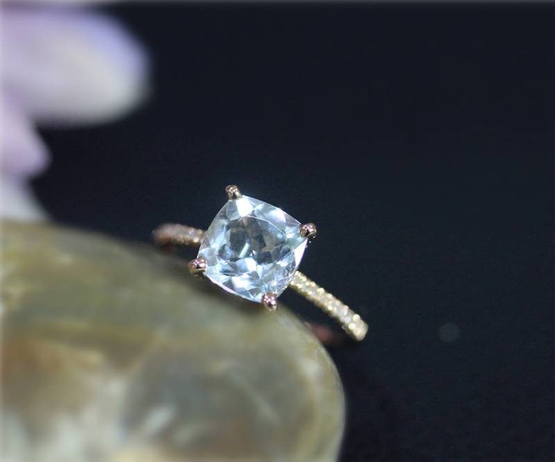 Massiv 18K Rose Gold Ring Natürliche Vs Aquamarin Kissen Geburtsstein Verlobungsring Diamanten Ehering Versprechen von NidaRings
