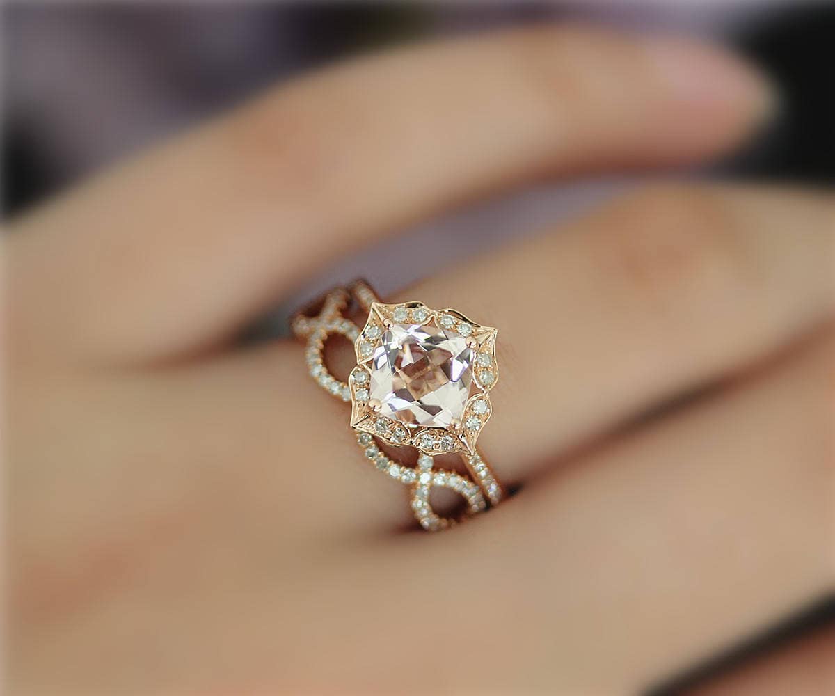 Massiv 18K Rose Gold Ring Set Ringe Diamanten Kissen Morganit Handarbeit Braut Ehering Versprechen Engagement Ringset von NidaRings