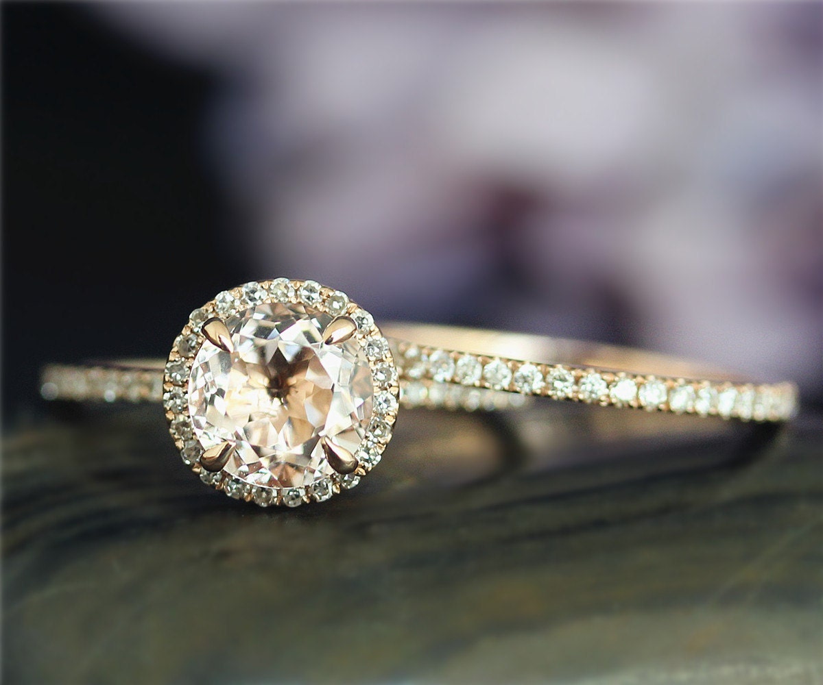 Massiv 18K Rose Gold Verlobungsring Set Handgefertigten 7mm, Die Runde Natürliche Morganit Ringset Massiv 18 K Ring Ehering Gesetzt Versprechen von NidaRings
