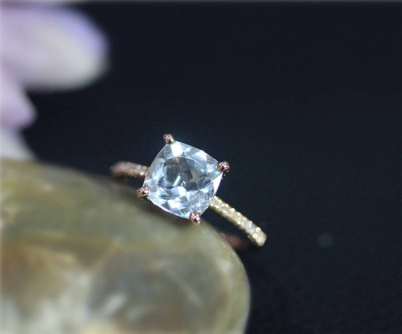 Natürliche Vs Aquamarin-Ring Kissen Birthstone Verlobungsring Solid 14K Rose Gold Ring Diamanten Ehering Promise von NidaRings