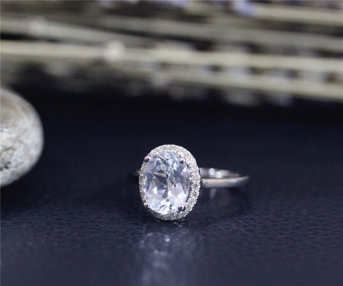 Natürliche Weiße Gem Ring 7x9mm Weißer Topas Ring Oval Klar Verlobungsring Solid 14K Weissgold Ehering Geburtstagsgeschenk von NidaRings