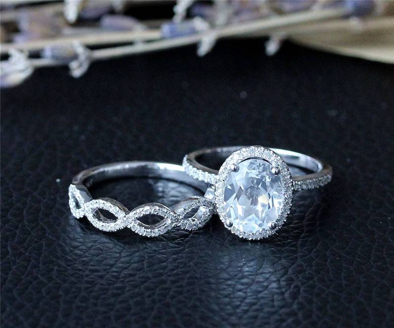 Natürlichen Weißen Edelstein-Ring-Set 7x9mm Set Topas Ring Oval Klar Edelstein Verlobungsring Massiv 14K Weißgold Ehering Geburtstagsgeschenk von NidaRings