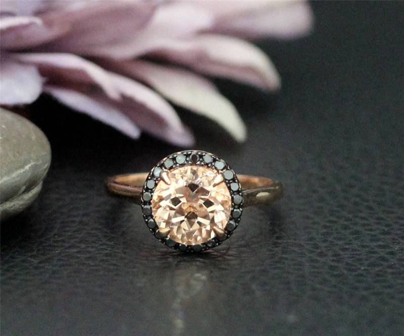 Neu 8mm Runde Morganit Verlobungsring Natürliche Vs Ring Schwarze Diamanten Massiv 14K Rose Gold Ehering von NidaRings