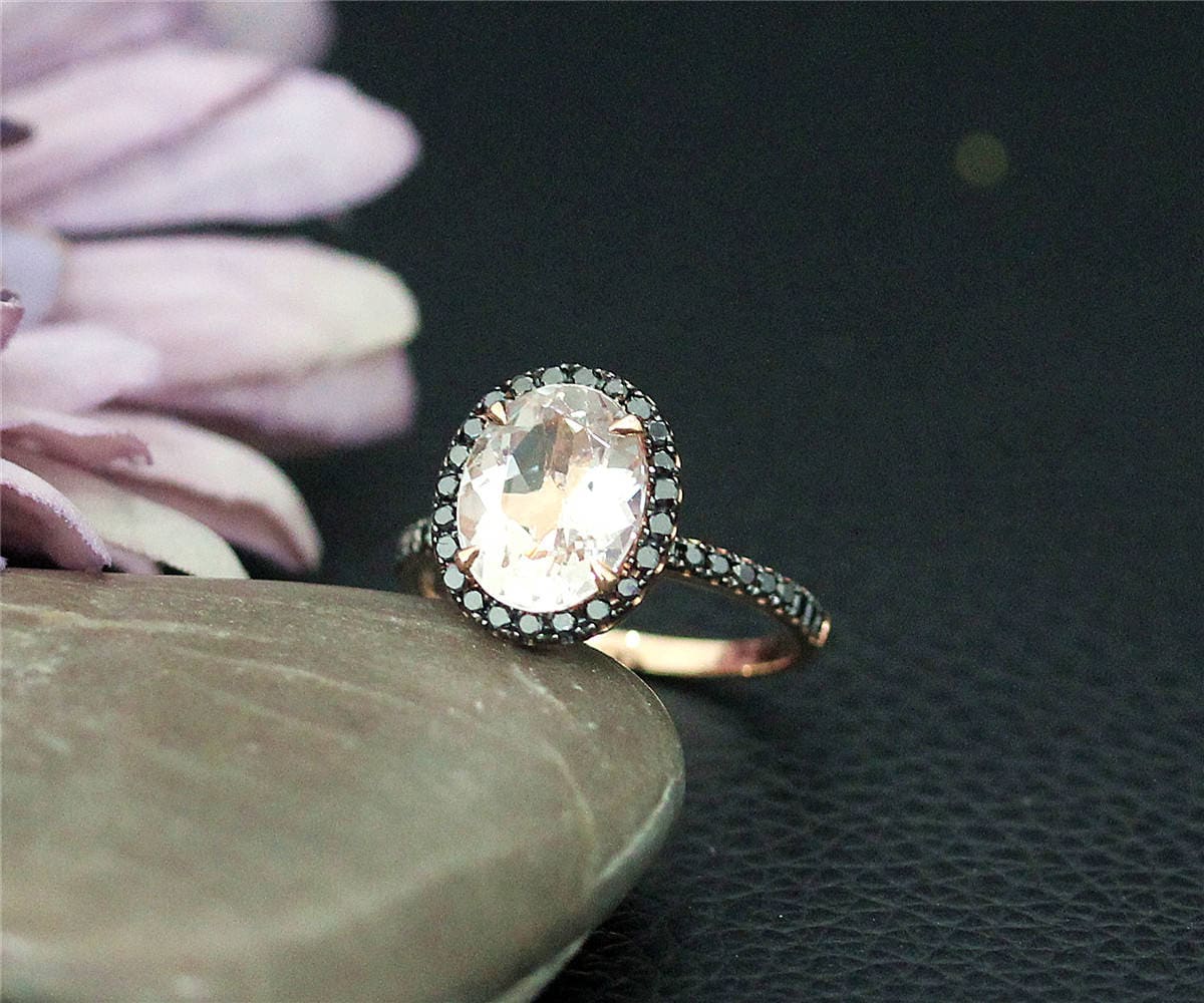 Neu 8x10mm Oval Morganit Verlobungsring Natürliche Vs Ring Schwarze Diamanten Massiv 14K Rose Gold Hochzeit von NidaRings