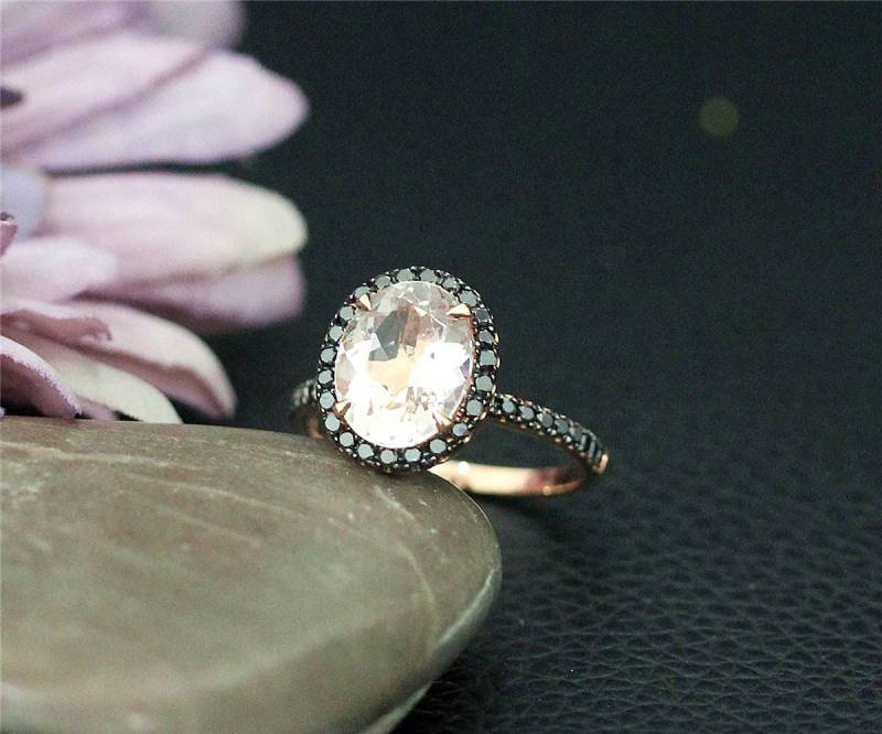 Neu 8x10mm Oval Morganit Verlobungsring Natürliche Vs Ring Schwarze Diamanten Massiv 14K Rose Gold Hochzeit von NidaRings