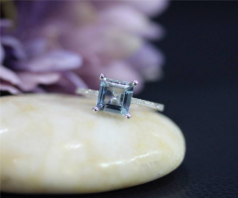 Princess Cut Vs Aquamarin Ring 7mm Weißgold Massiv 14K Diamant Ehering Promise Verlobungsring Match von NidaRings