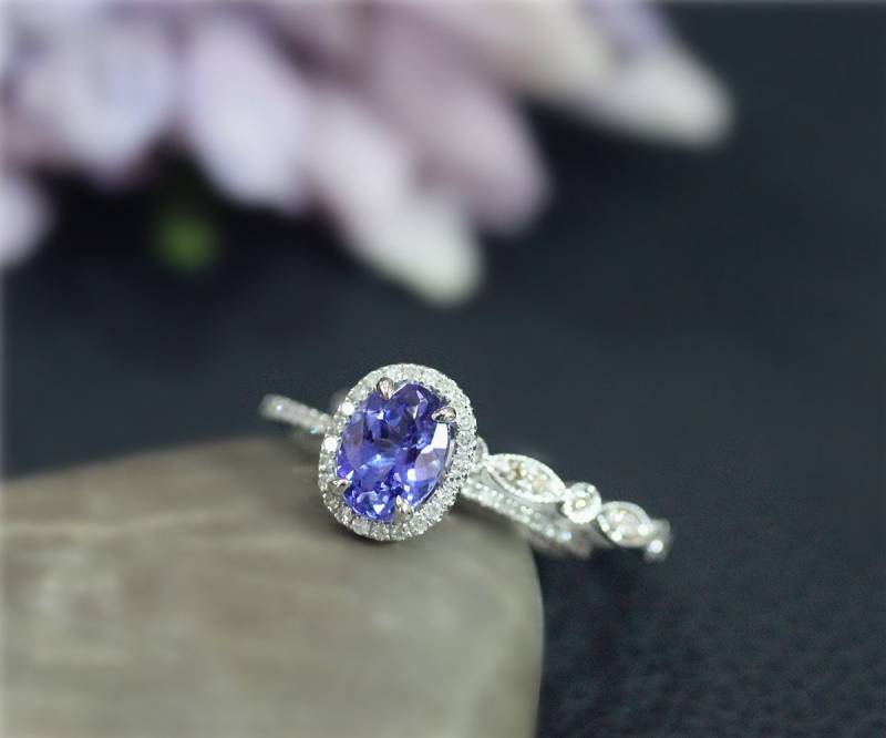 Real Vs Tansanit Ring Gesetzt Ova Gem Verlobungsring Set Diamant Akzent Massiv 14K Weißgold Ehering Gesetzt Braut von NidaRings
