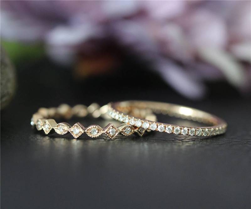 Rose Gold Diamant Ehering Set Solide 14K Ring Diamanten Band Verlobungsring Passende Voller Ewigkeit von NidaRings