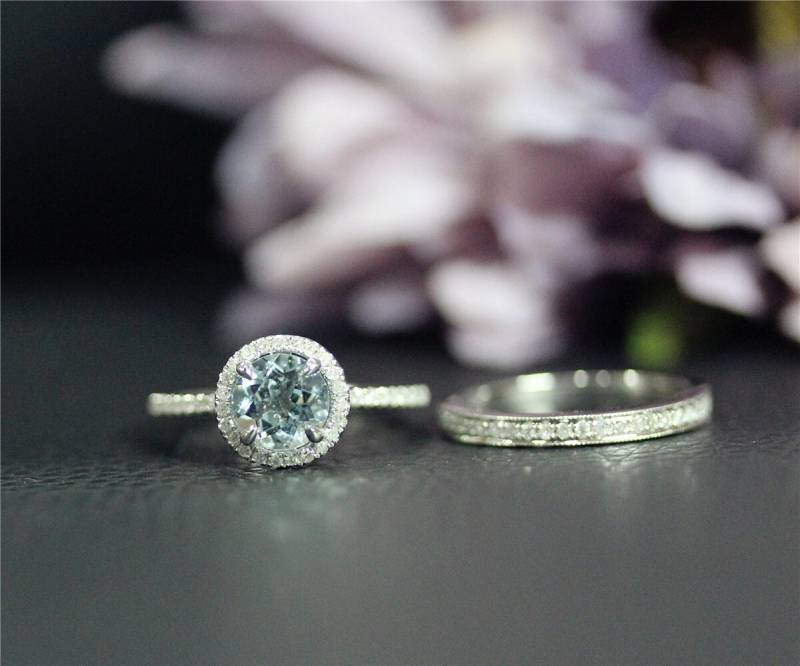Runde Gem Ring Set 7mm Vs Aquamarin-Ring Solid 14K Weissgold Verlobungsring Diamanten Ehering Promise von NidaRings