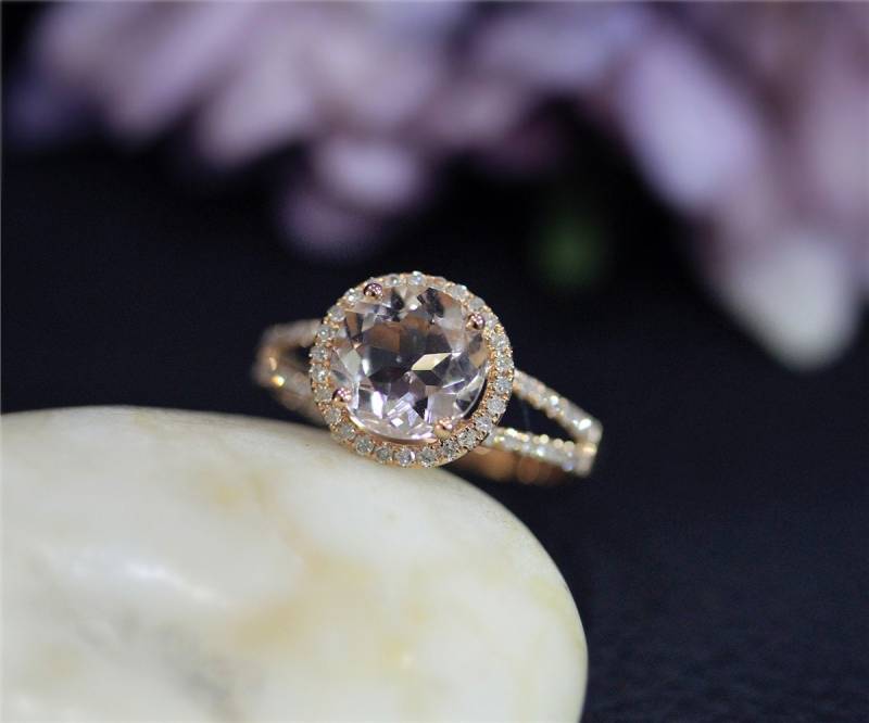 Runde Natürliche Vs Morganit Ring Halo Diamanten Massiv 14K Rose Gold Ehering Engagement von NidaRings