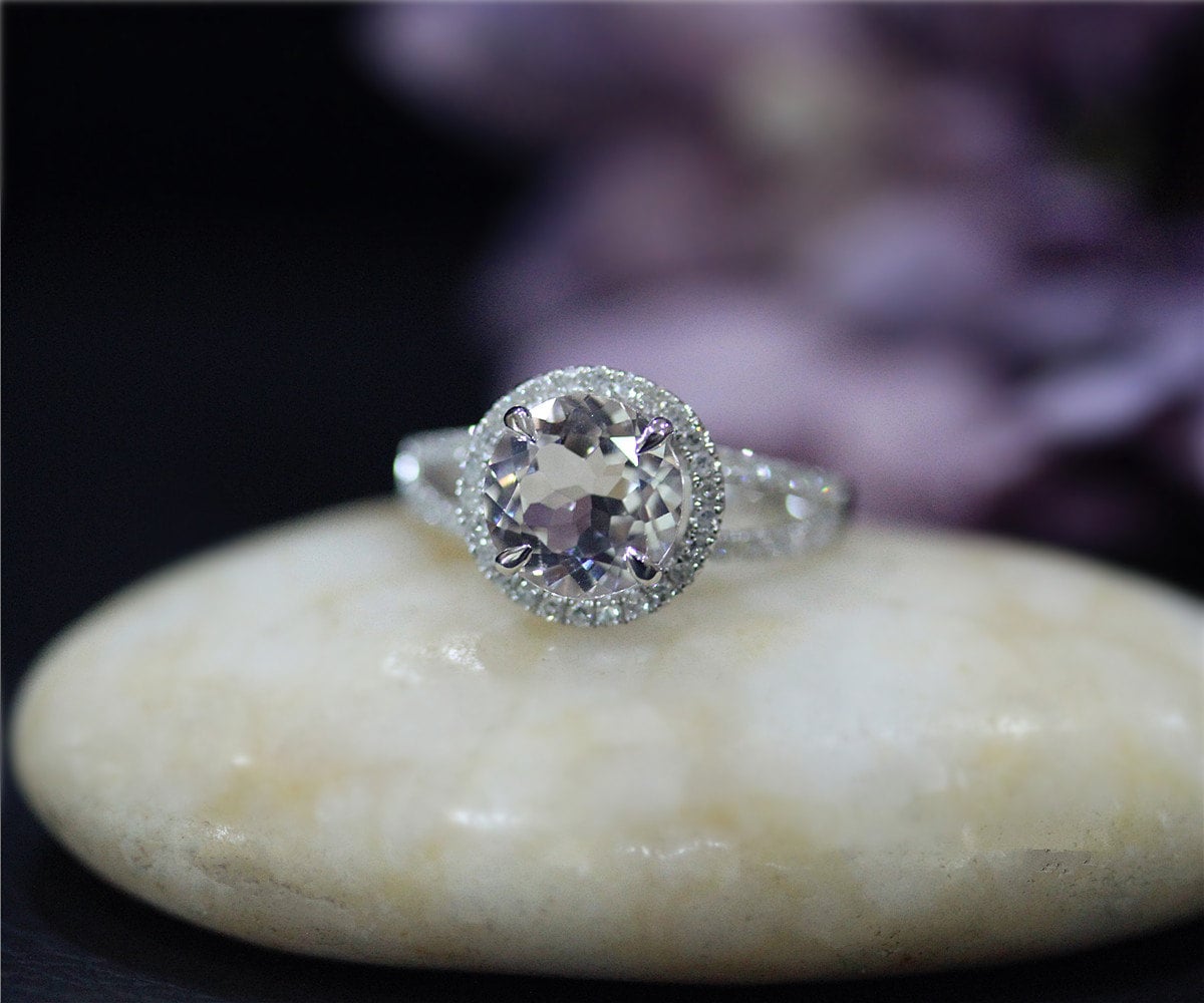 Runde Natürliche Vs Morganit Ring Halo Diamanten Solid 14 K Weissgold Trauring Verlobungsring von NidaRings