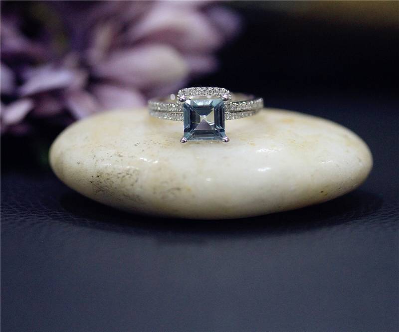 Spezielles Design Ehering Set 7mm Eingestellten Princess Cut Vs Aquamarin Ring Fest 14K Weissgold Diamant Promise von NidaRings