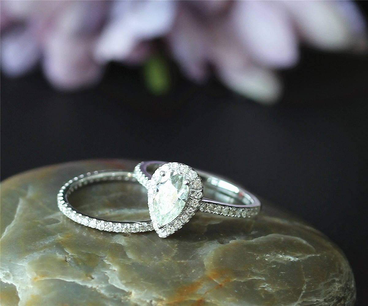 Super Für Immer Eingestellt Ein Moissanite Ring Set, Solide 14 K Weißgold 5x8mm Birne Verlobungsring, Diamant Ehering von NidaRings