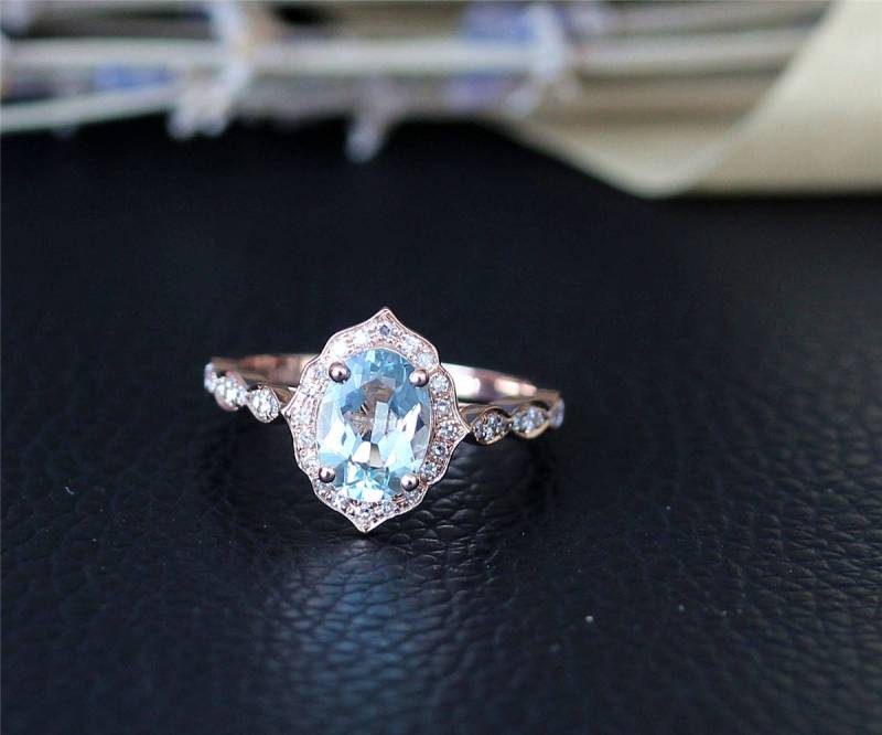 Verlobungsring Ovalen Aquamarin Ring Natürlichen Massiv 14K Rose Gold Ehering Versprechen Jubiläumsring von NidaRings