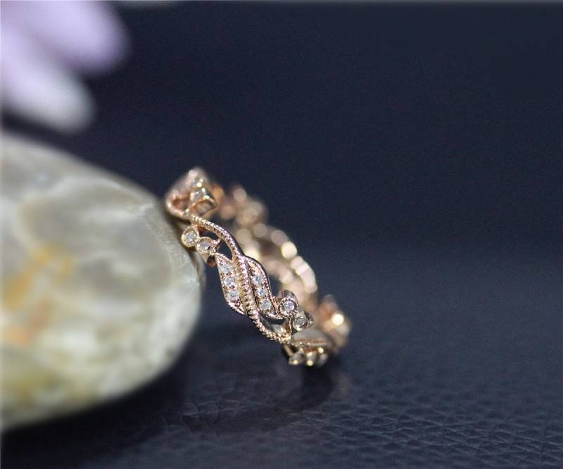Vintage Echt Diamanten Ehering Full Eternity Solid 14K Roségold Ring Jubiläum Stapelring Passendes Band von NidaRings