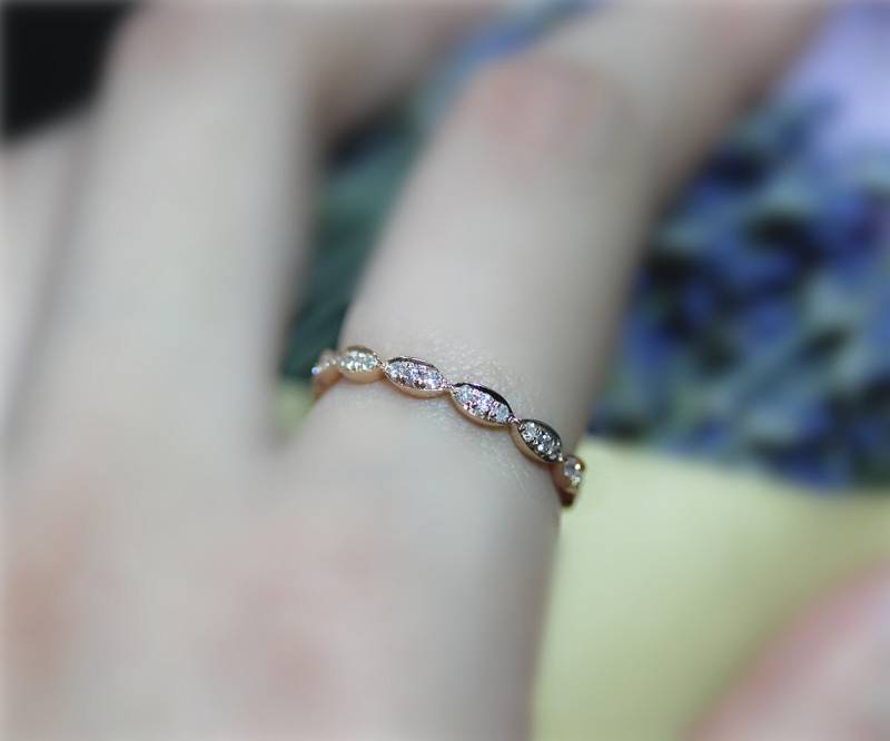 Volle Echte Diamanten Ehering Massiv 14K Rose Gold Ring Verlobungsring Jubiläum Stapelbar Memoirering Passende Band von NidaRings