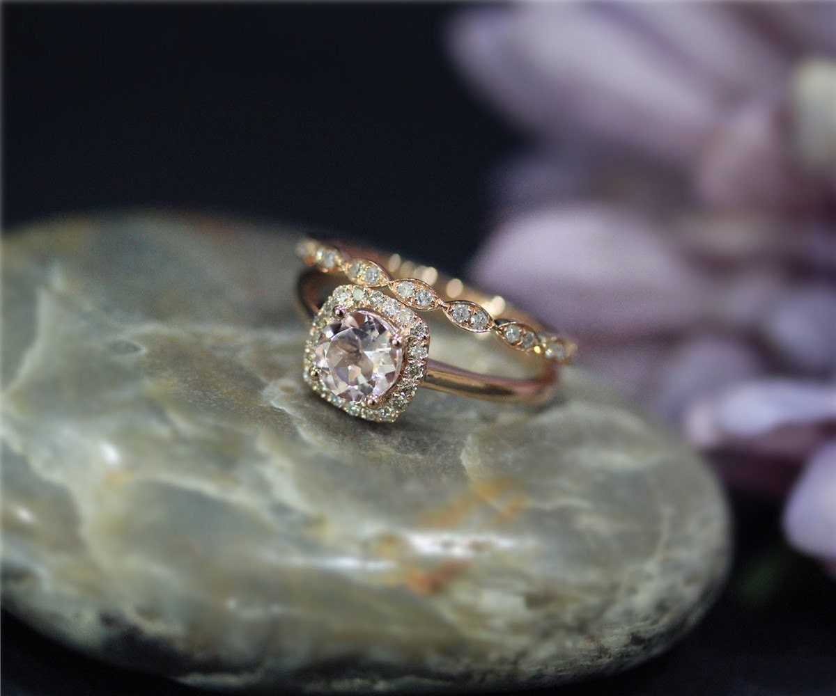 Vs Morganit Ring Gesetzt Durch Zur Verlobung, Hochzeit Solide 14K Rose Gold Ehering Set Verlobungsring von NidaRings