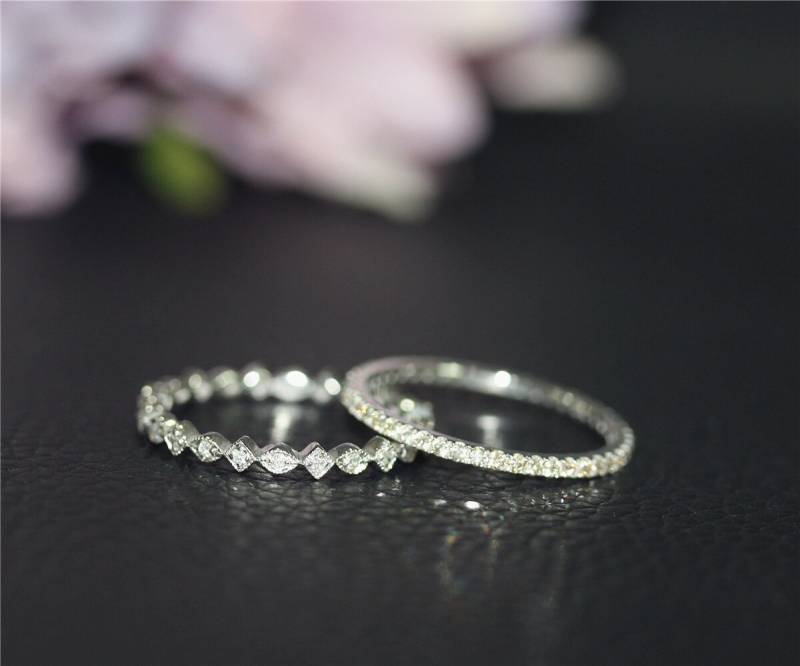 Weißgold Diamant Ehering Set Solide 14K Gold Ring Diamanten Verlobungsring Bandsatz Passende Voller Ewigkeit von NidaRings