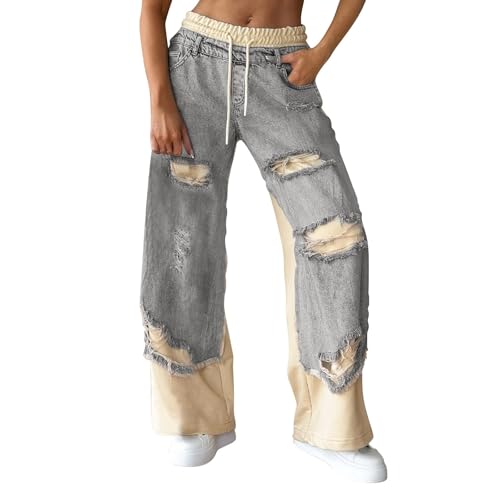 Baggy Jeans Damen Patchwork Jeanshose Modische Hip Hop Straight Denim Hose Breites Bein Locker Streetwear Vintage Zerrissen Destroyed Schlupfjeans Freizeithose Ripped Pants Damenjeans von Nidddiv