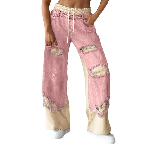 Baggy Jeans Damen Patchwork Jeanshose Modische Hip Hop Straight Denim Hose Breites Bein Locker Streetwear Vintage Zerrissen Destroyed Schlupfjeans Freizeithose Ripped Pants Damenjeans von Nidddiv