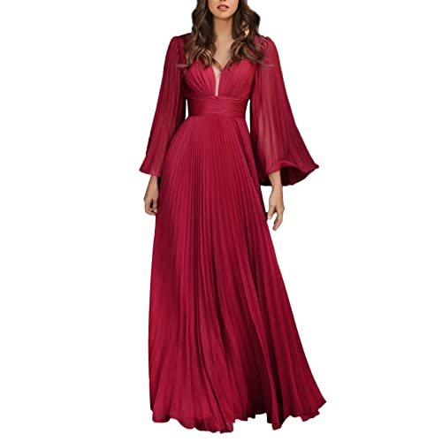 Brautkleider Hochzeitskleider Langarm Tiefer V-Ausschnitt Ballkleider Damen Lang Tüll Abendkleider Elegant Maxikleid Cocktailkleid High Waist Swing Kleider Partykleid A Linie Tunika Kleid von Nidddiv