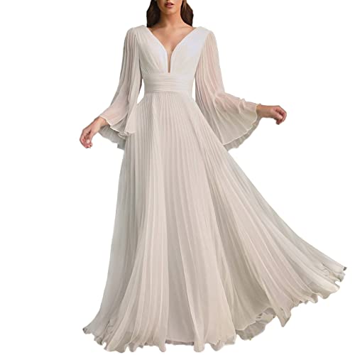 Brautkleider Hochzeitskleider Langarm Tiefer V-Ausschnitt Ballkleider Damen Lang Tüll Abendkleider Elegant Maxikleid Cocktailkleid High Waist Swing Kleider Partykleid A Linie Tunika Kleid von Nidddiv