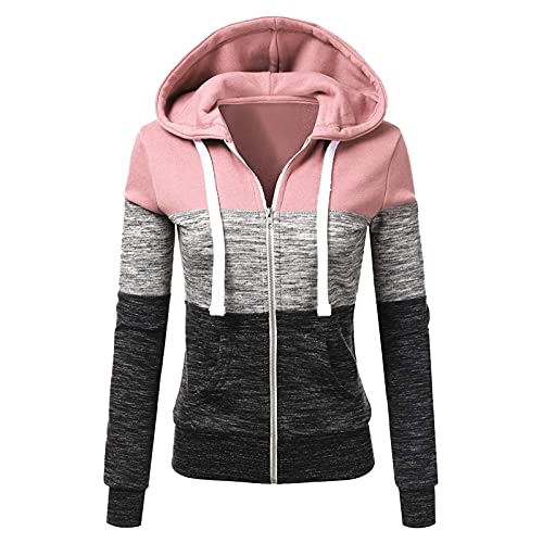 Damen Jacken Farbblock Patchwork Oversized Hoodie Frauen Casual Thermo Herbst Sweatshirt Langarm Reißverschluss Kapuze Trendy Cardigan Leichte Outdoor Workout Overcoats Lose Sweatshirts, rosa 1, 48 von Nidddiv