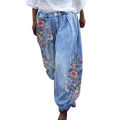 Damen Jeans Faux Denim Hose Denim Blumendruck Hose Chinesischer Stil Hose Einfarbig Baggy Hose Leicht Lose Freizeithose Weiche Slacks für Frauen Damen Overalls, a, XXX-Large von Nidddiv
